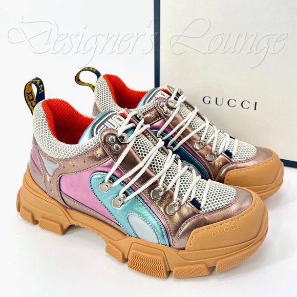 ⚡️SOLD! NEW GUCCI Flashtrek EU 39 / US 8.5 Metallic Leather SEGA Logo Sneakers - Picture 10 of 12